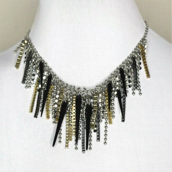 Adia Kibur Statement Necklace Bib Fringe Spikes Chain Rhinestones Silver Black - Picture 1 of 8
